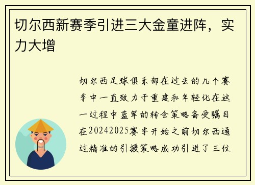 切尔西新赛季引进三大金童进阵，实力大增